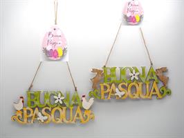Decoro Legno 'Buona Pasqua' C/Animali H.10,5X27Cm. 2Ass.Ti