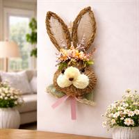 Faccia Coniglio Paglia Con Fiori Con Fiocco H.38X10X20Cm.