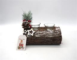 Porta Candela Tronco Albero H.10X21X10Cm. C/Deco Natalizie C/2Vetri