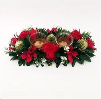 Porta Candela 2Vetri Velluto Rosso-Bacche-Pigne-Fiori 34X16X7Cm
