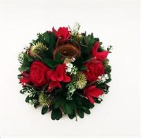 Porta Candela 1Vetro Velluto Rosso-Bacche-Pigne-Fiori. Diam 23 X H 10