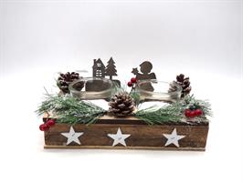 Porta Candela Legno Nevati C/Pigne/Bacche/Casa/Angelo H25X12X7Cm.C/2Vetr