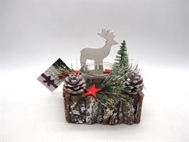Porta Candela Legno Nevati C/Pigne/Bacche/Renna H16X14X14Cm.C/1Vetri