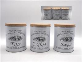 Set 3 Barattoli Latta H.15/D.10Cm. Tea/Sugar/Coffe Bianco