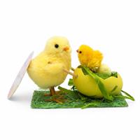 Pulcino Con Carretto Uovo Su Base Legno Impagliata H.7,5X4,5X12Cm.