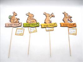 Decoro Pasqua Legno Con Conigli H16X12Cm -Su Stecchino-H38Cm