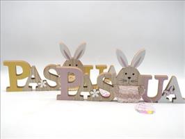 Scritta Pasqua Legno Colorato Con Conigli H.17X39X2Cm.